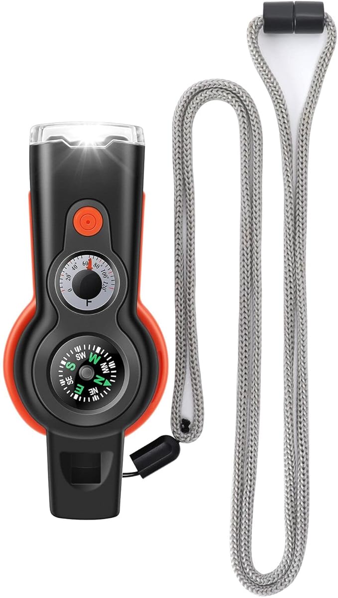 7-in-1 Emergency Survival Function Whistle, Outdoor Multifunctional Tool Safety Whistle with Lanyard, Ideal for Kayaking, Boating, Hiking, Camping, Climbing, Hunting, Fishing, Rescue Signaling