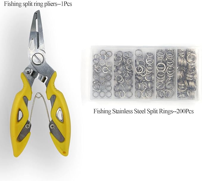 Pack of 201pcs Fishing Stainless Steel Split Rings 5 Sizes and Plier Set, Split Ring Capable of withstanding Large tensile Force and Fishing Plier Tool Kit for Saltwater Fishing Lure Connectors…