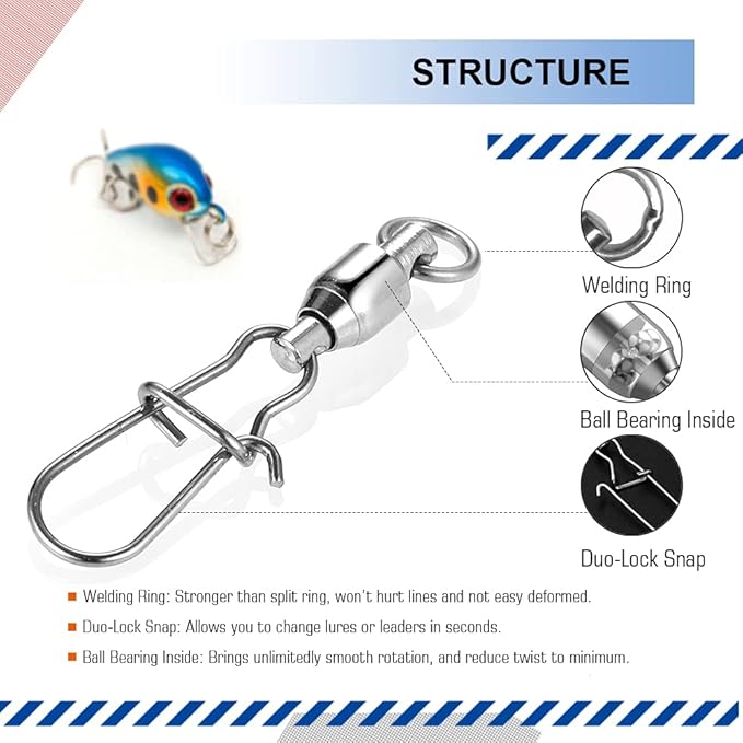 Atibin High Strength Fishing Swivels Tackle Stainless Connector Fishing Snaps Swivel Steel Lock Snap Swivels Saltwater Line Lure Connector