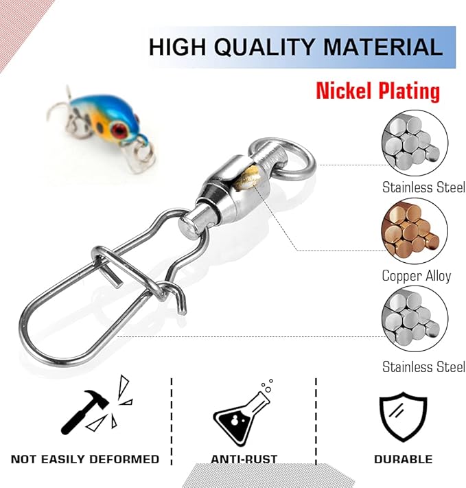 Atibin High Strength Fishing Swivels Tackle Stainless Connector Fishing Snaps Swivel Steel Lock Snap Swivels Saltwater Line Lure Connector