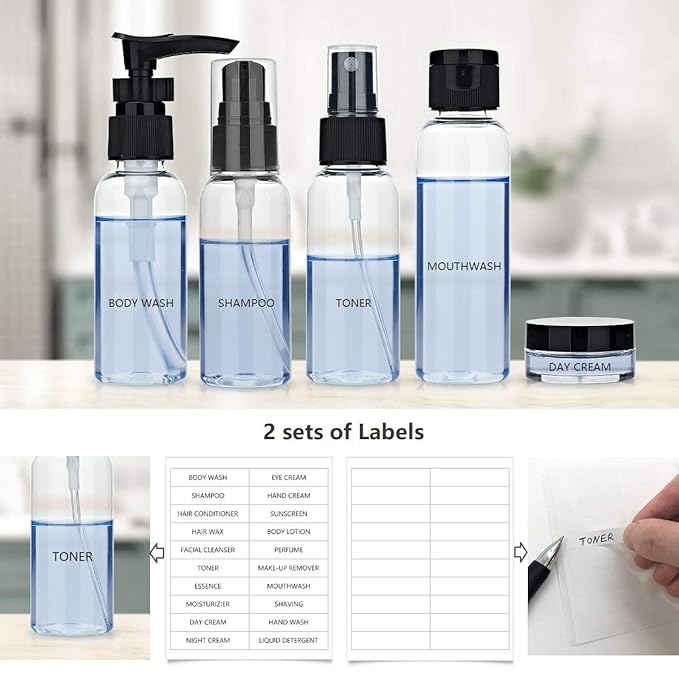 Travel Size Bottles Containers for Toiletries with Toiletry Bag and Label, Leak-Proof & TSA Approved Carry-on for Airplane Women Men