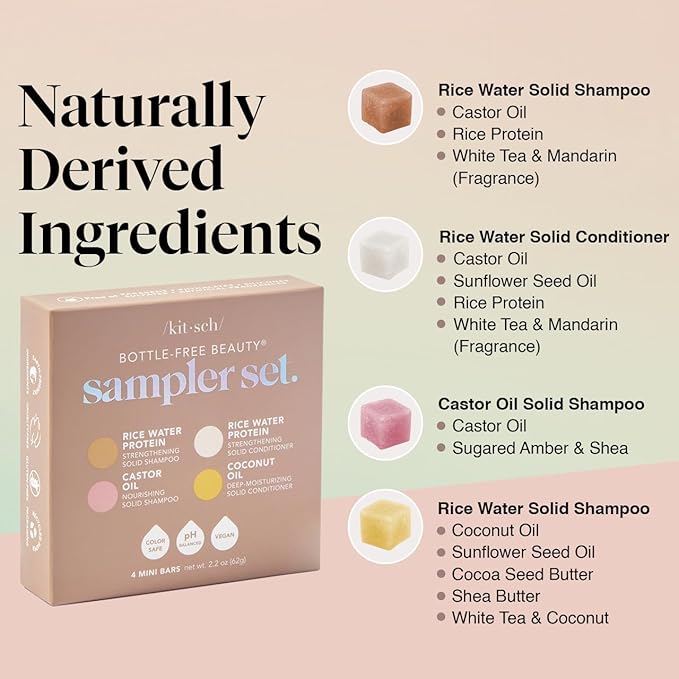 Kitsch 4pc Sampler Solid Shampoo and Conditioner Set - Rice Bar & Castor Oil Shampoo and Rice Bar & Coconut Oil Deep-Moisturizing Hair Conditioner, Zero Waste