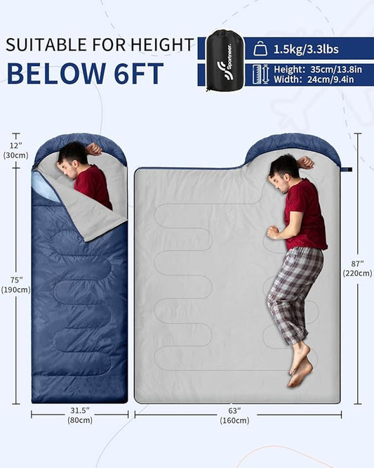 Sportneer Sleeping Bags for Adults, Warm & Cold Weather Sleeping Bag for Adults Kids Boys Girls - Lightweight Compact Camping Gear Equipment, Traveling, Backpacking, Hiking