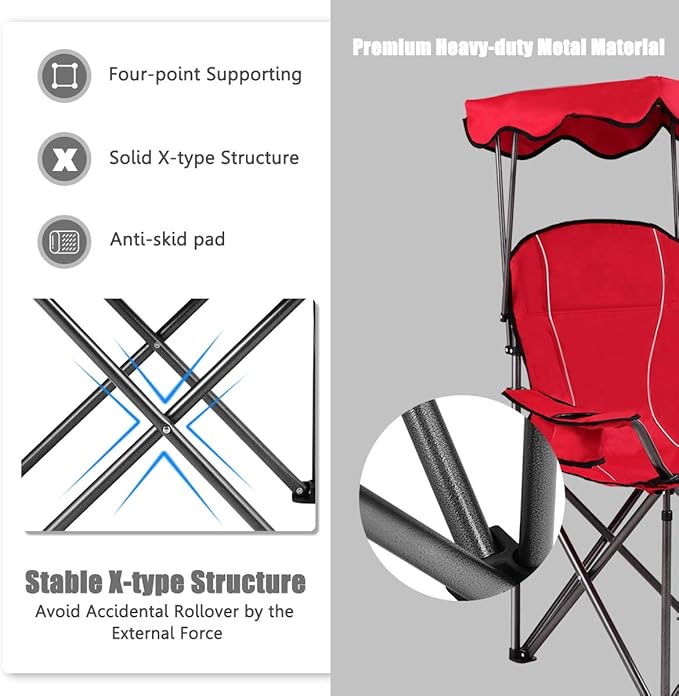 GYMAX Camping Chair, Folding Outdoor Lawn Chair with Canopy, Carry Bag & Cup Holder, Portable Heavy Duty Camp Chair for Outside Travel, Picnic, Beach Soccer Chairs