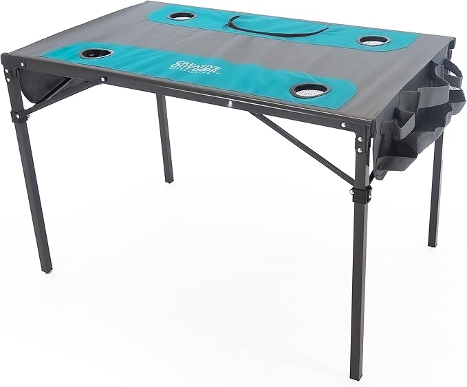 Creative Outdoors Folding Table with Built-in Cooler - Outdoor Portable Camping Table with 4 Cup Holders and Durable Steel Frame - Quality Material (Teal/Gray)