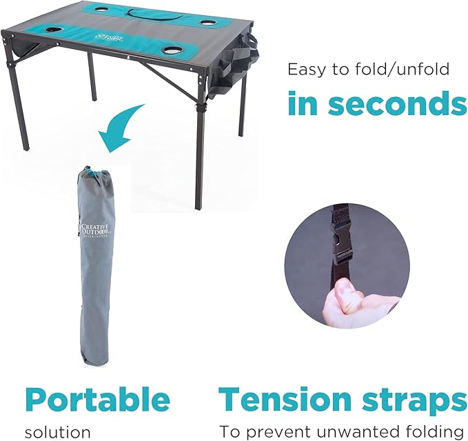 Creative Outdoors Folding Table with Built-in Cooler - Outdoor Portable Camping Table with 4 Cup Holders and Durable Steel Frame - Quality Material (Teal/Gray)