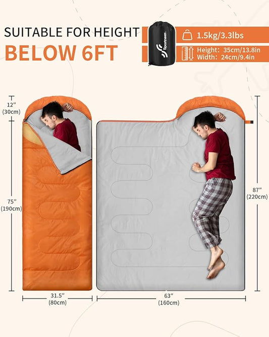 Sportneer Sleeping Bags for Adults, Warm & Cold Weather Sleeping Bag for Adults Kids Boys Girls - Lightweight Compact Camping Gear Equipment, Traveling, Backpacking, Hiking