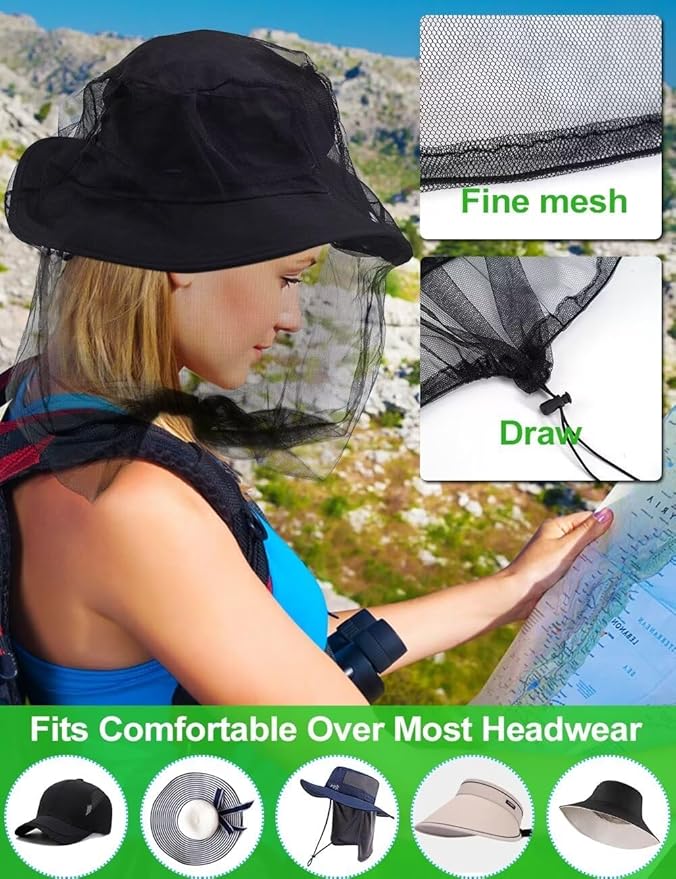 Wohohoho Mosquito Head Net Mesh with Drawstring, Bug Face Netting for Hats, Mesh Face Shield for Men & Women