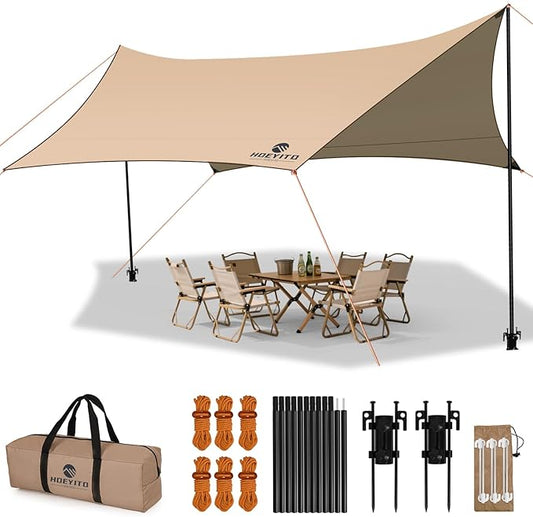 Camping Tarp with Poles & Retainer,15x12.5FT Large Waterproof 210D Oxford Cloth Camping Canopy, Anti-UV UPF100+ Tent Tarp Car Awning for Outdoor, Picnic, Hammock, Car, Backpacking(Khaki)