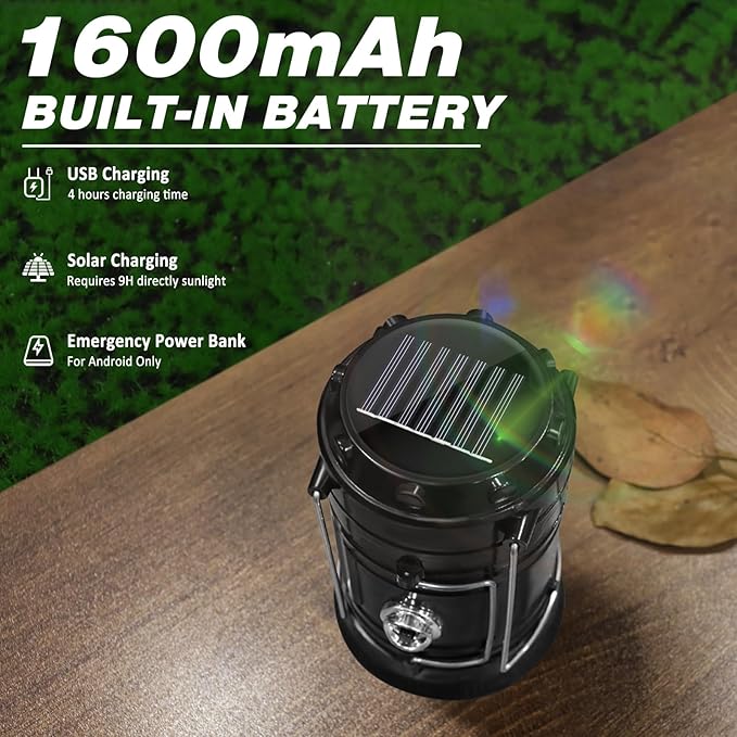 DIBMS Solar Camping Lantern, Collapsible LED Solar USB Rechargeable Lantern Flashlight Emergency Hanging Lights for Camping Hurricanes Power Outages Indoor Outdoor