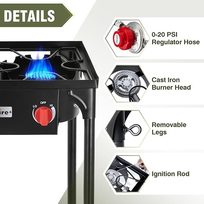 Bestfire 3 Burners Camping Stove for Cooking Outdoor, 225,000 BTU Propane Burners with Ignition wire&Removable Legs, Temperature Control Knobs and 20 PSIG High Pressure Regulator for BBQ