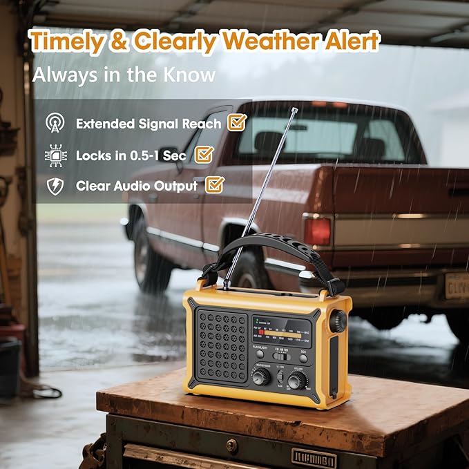 Raynic NOAA Weather Radio 12000mAh, Emergency Weather Radio with 2X Faster Solar & Hand Crank Charging, 5W Flashlight, Reading Lamp, Cell Phone Charger, SOS for Hurricane, Storm, Camping