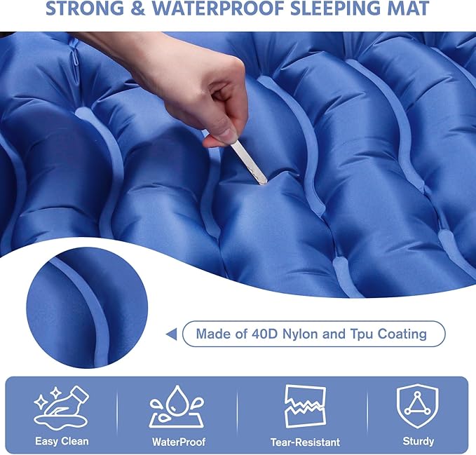 Sleeping Pad for Camping -Ultralight Inflatable Sleeping Mat with Pillow, Built-in Foot Pump, Compact & Lightweight Camping Mattress Pad for Camp, Backpacking, Hiking, Travel Tent (Blue)
