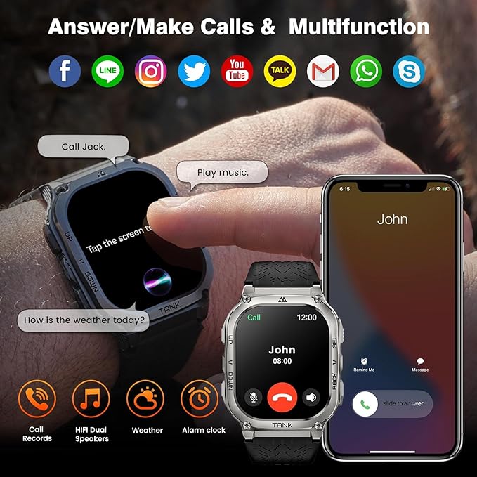 AMAZTIM Smart Watch, 60 Days Extra-Long Battery, 5ATM Waterproof Swimming Diving, Full Metal Military Grade, Answer/Make Call, 2" AMOLED Display, Health Monitor Compatible for iPhone and Android