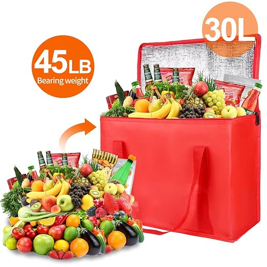 Bodaon 1-Pack Insulated Reusable Grocery Shopping Bags, X-Large Picnic Cooler Bag with Zipper Zippered Top Cold, Insulated Food/Pizza Delivery Bag (Red)