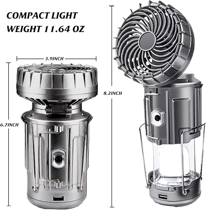 Solar Camping Lantern with Fan,Rechargeable Camping Fans Charging for Phone, Battery Operated Light for Hurricane Power Outage Tent Emergency Camping Gear Must Haves