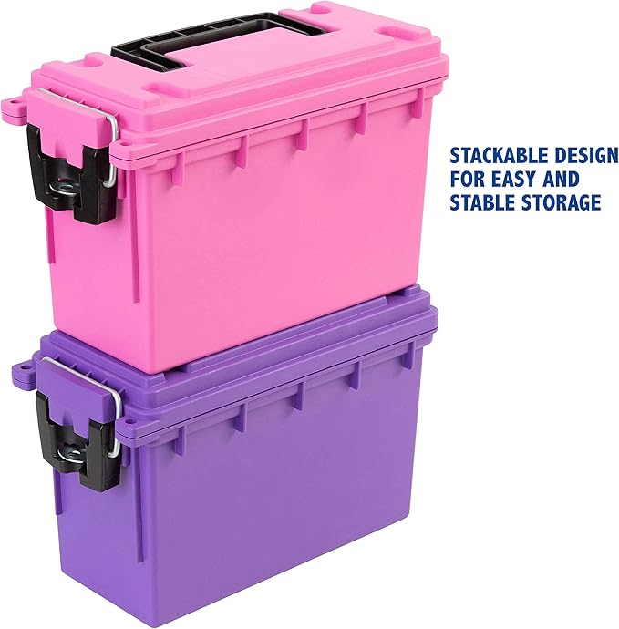 Sheffield 12631 Ammo Storage Box, Stackable .30 Cal Field Boxes, Water and Dust Resistant, Lockable Storage Box with Handle, Secures Hunting Gear, Supplies, and Bullets, Made in USA, Pink, 1-Pack