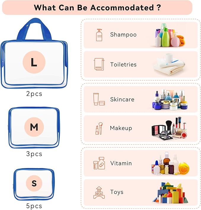 TISRATOK 10 PCS Clear Travel Makeup Toiletry Bag, Plastic PVC Cosmetic TSA Approved Organizer Kit with Zipper Handbag(Blue)