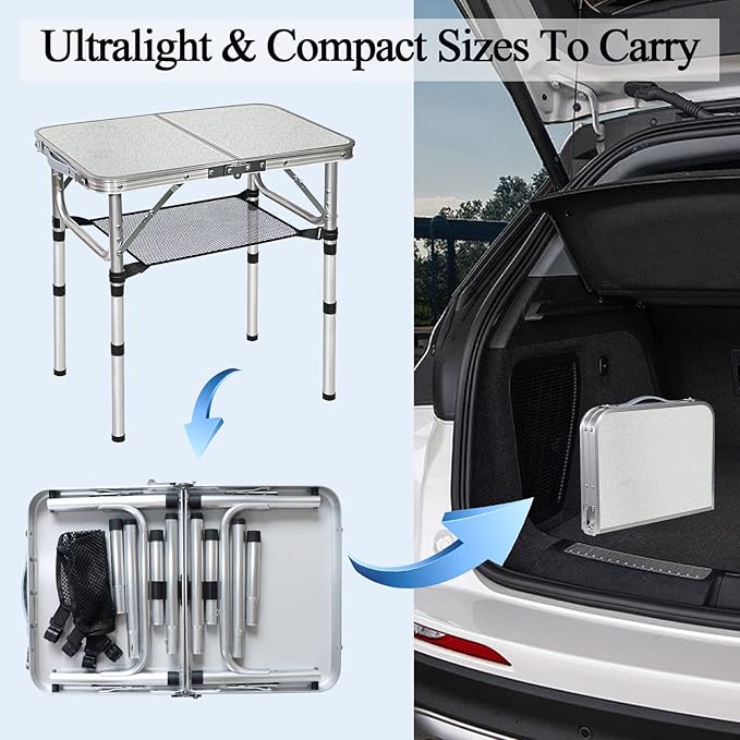 Small Folding Camping Table, Aluminum 3 Adjustable Height Foldable Table, 24" x 16" Portable Lightweight Picnic Table with Mesh Layer for Outdoor Indoor Beach Patio BBQ Backpacking(White)