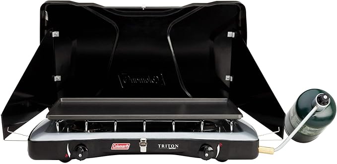 Coleman Triton 2-Burner Propane Stove, Portable Camping Cooktop with 2 Adjustable Burners & Wind Guards, 22,000 BTUs of Power for Camping, Tailgating, Grilling, BBQ, & More