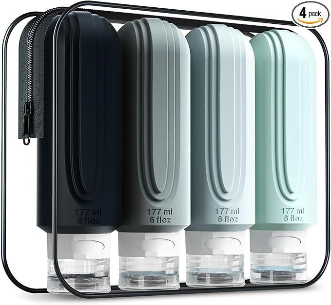Travel Bottles for Toiletries, Large 6oz Oversize Containers, BPA Free Leak Proof Tubs Refillable Liquid Travel Accessories with Toiletry Bag for Cometic Shampoo and Lotion Soap (4 Pack)