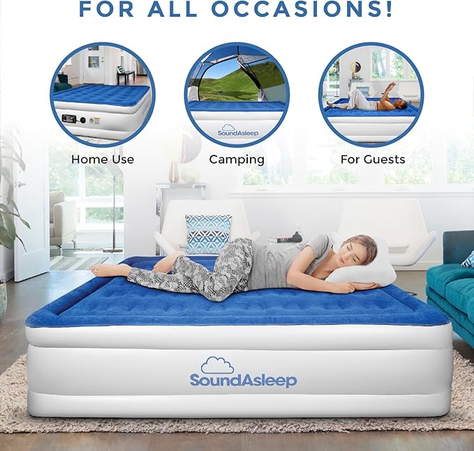 SoundAsleep Dream Series Luxury Air Mattress with ComfortCoil Technology & Built-in High Capacity Pump for Home & Camping- Double Height, Adjustable, Inflatable Blow Up, Portable - Queen Size