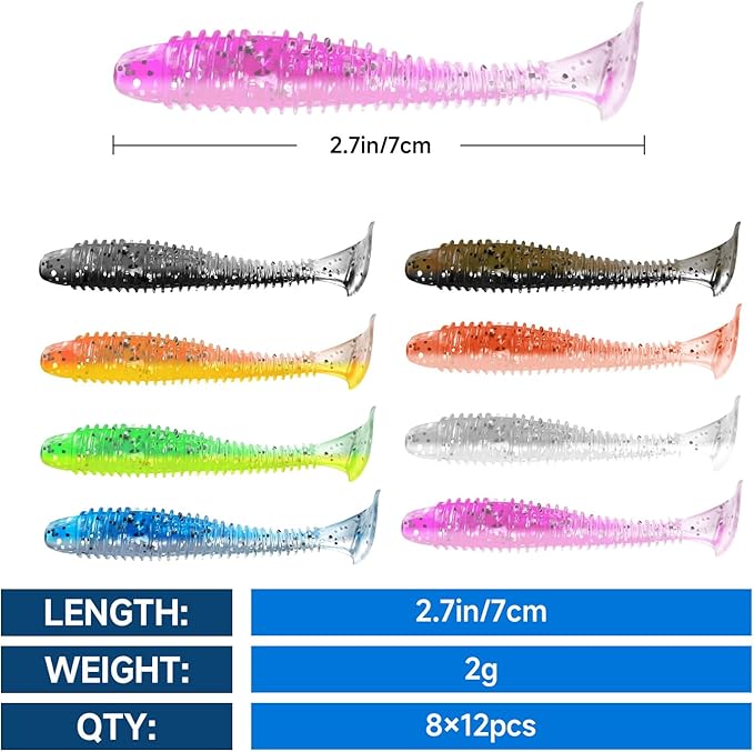 Soft Fishing Lures(96 Pcs), Unique Vibrating Swim Action, Paddle Tail Swimbaits Soft Plastic Lures for Trout Crappie Walleye Sea Bass(96 Pcs, 8 Colors)