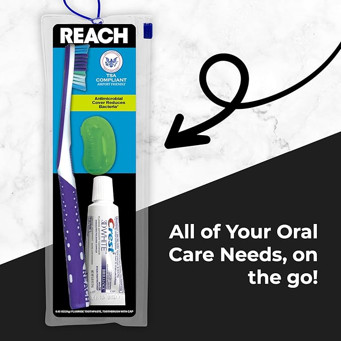 Reach Ultraclean Travel Kit Toothbrush with Toothbrush Cap and Toothpaste, Multi-Angled, Soft Bristles, TSA-Airport Friendly, Resealable, Portable and Reusable Bag