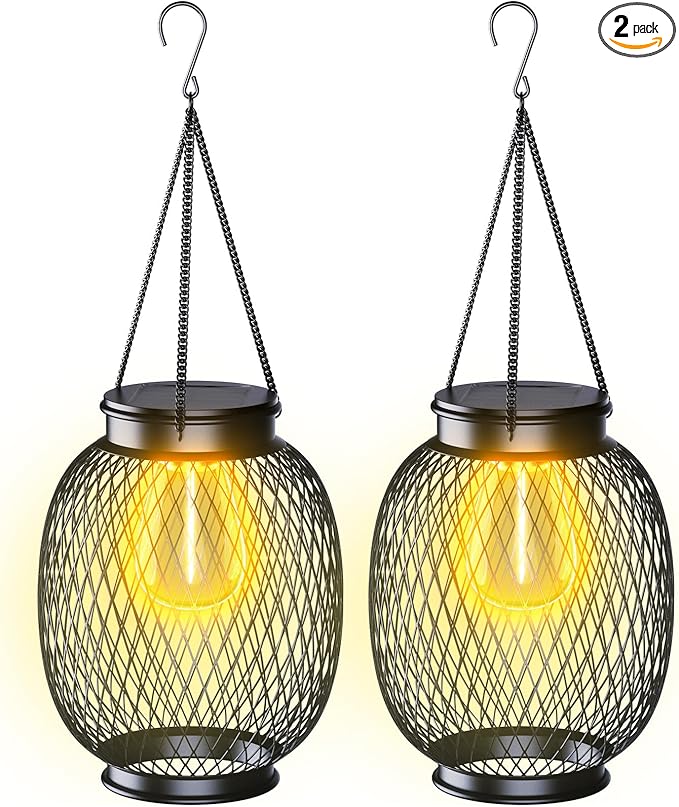 Lanterns Outdoor Waterproof, Collasis 2 Pack Vintage Metal Hanging Lanterns with Hooks Solar Garden Decoration Lights Solar Lights Outdoor for Patio Balcony Yard Lawn, Black