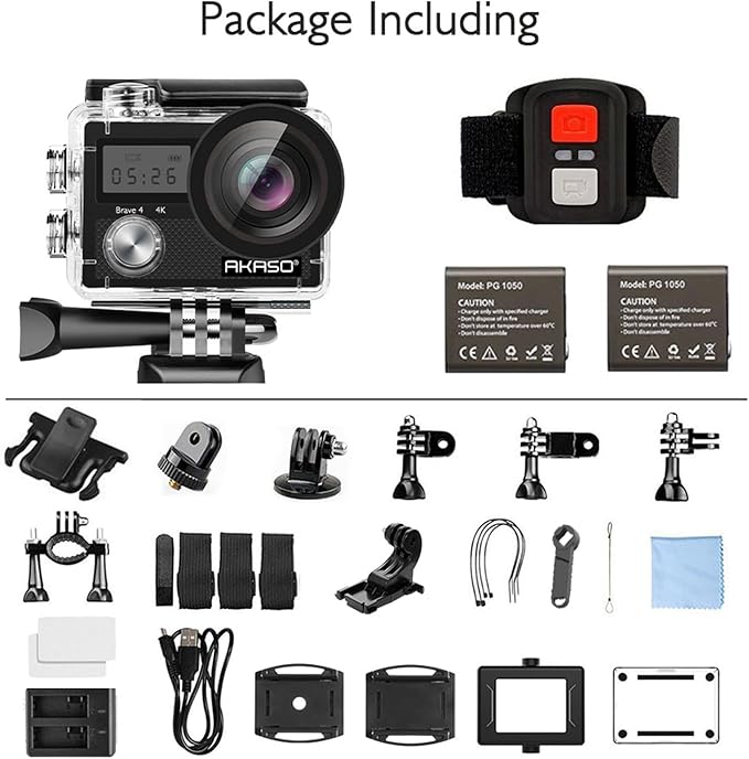 AKASO Brave 4 Action Camera 4K 30fps Ultra HD WiFi Sport Cameras with 170° FOV, Image Stabilization, 131FT Waterproof Underwater Camera with 2x1050mAh Batteries, Bicycle Accessories Kit