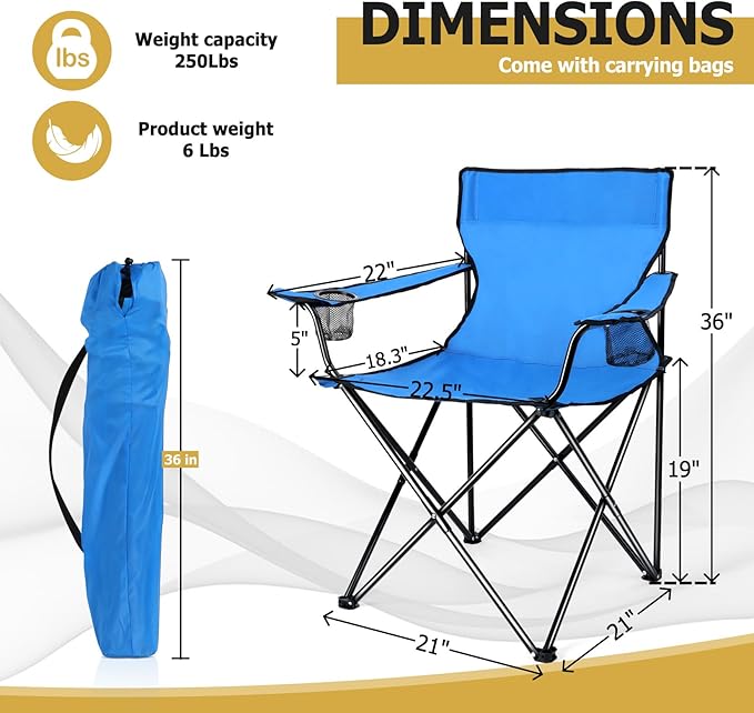 Joyfair Portable Camping Chair, Outdoor Lawn Folding Chairs for Adults, Heavy Duty Large Foldable Chairs for Beach, Fishing, Tailgating Outdoor Sport, 2 Cup Holders & Carry Bag