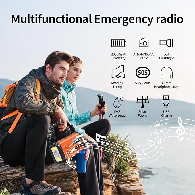 20000mAh/74000mWh Emergency Weather Radio, NOAA/AM/FM Solar Hand Crank Radio, USB/Solar/Hand Crank Charging, Battery Powered Radio with SOS Alarm & Flashlight for Camping/Emergencies (Orange)