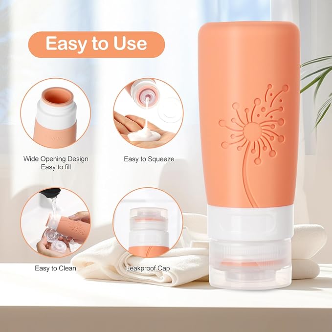 Empty 3 oz Travel Size Bottles Toiletries Containers for Toiletries Liquids,Small Silicone Mini Refillable Leak Proof TSA Approved Travel Bottles for Creams Shampoo and Conditioner Traveling