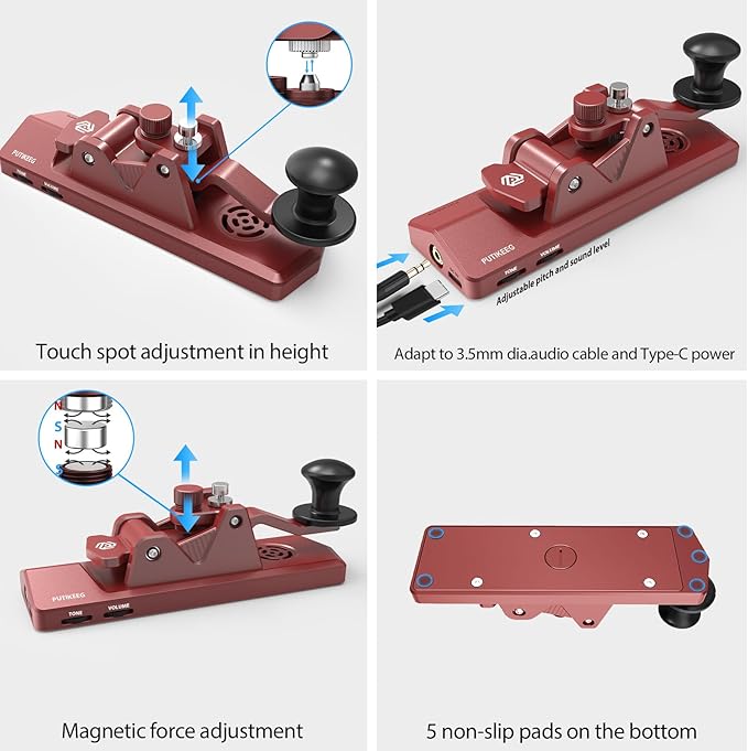 Mini CW Key Morse Radio HAM Big Double Paddle Morse Code Key Aluminum Alloy Body with Speaker Base Red