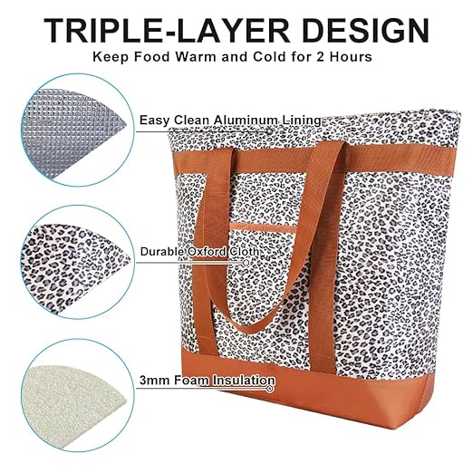 Insulated Reusable Tote Bag for Grocery Shopping for Women/Men, Pizza/Food Delivery Bag to Keep Food Cold/Hot for Uber Eats/Doordash/Grubub, Cooler bags for Travel/Beach/Picnic, Cow Print