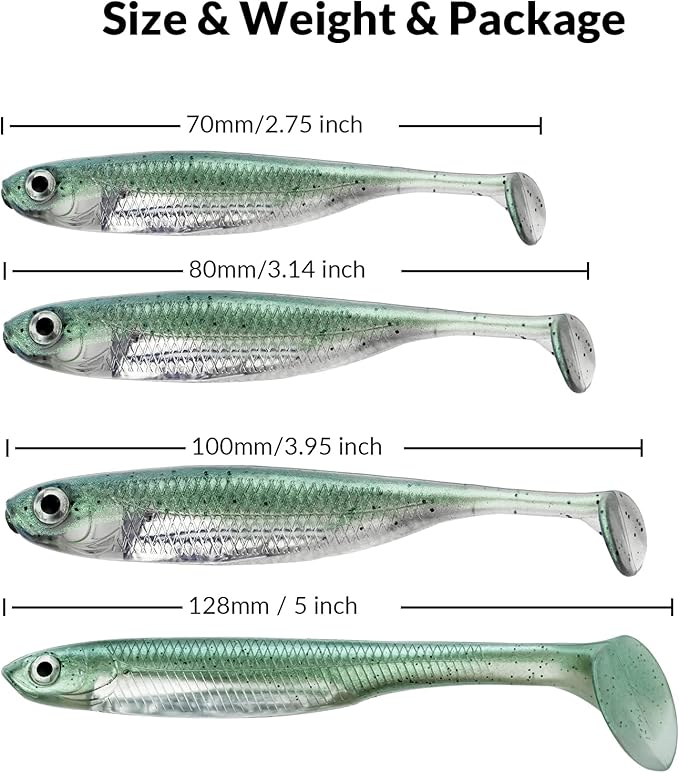 QualyQualy Soft Plastic Swimbait Paddle Tail Shad Lure Soft Bass Shad Bait Minnow Paddle Tail Swim Bait for Bass Trout Walleye Crappie - 2.75in, 3.14in, 3.94in, 5in