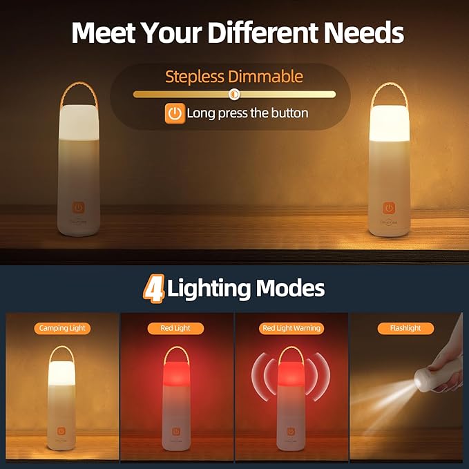 Dawnrise LED Camping Lantern, Up to 350 Hours Rechargeable Camping Light, 4 Modes Outdoor Flashlight Lantern with Red Light, Water Resistant Portable Tent Light for Emergency,Hiking,Hurricane (2PK)