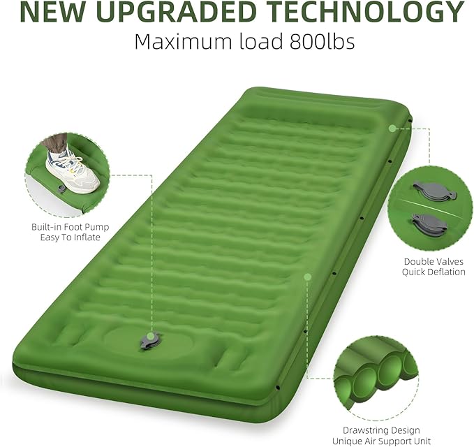Camping Sleeping Pad, Extra Thick 5 Inch Camping Mat with Pillow Built-in Foot Pump Inflatable Sleeping Pads Compact for Camping Backpacking Hiking Traveling Tent(Green)