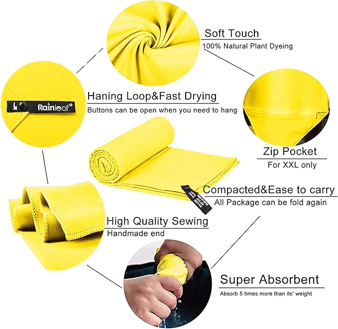 Rainleaf Microfiber Towel Perfect Travel & Gym & Camping Towel. Quick Dry - Super Absorbent - Ultra Compact - Lightweight. Suitable for Trip, Beach, Shower, Backpacking, Pool
