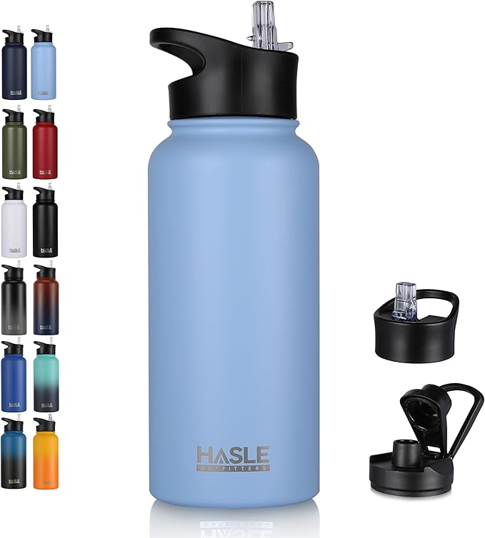 HASLE OUTFITTERS 32 oz Insulated Water Bottle Stainless Steel Double Walled Vacuum Sports Water Bottle with 2 Lids (Straw and Spout Lid) for Gym Camping Hiking(Blue,1)