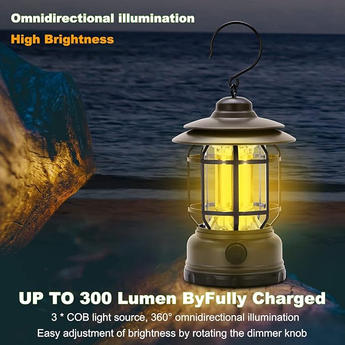 Rechargeable Portable LED Camping Lanterns, Vintage Style Tabletop Lantern, Stepless Dimming, Waterproof - Green, 2 Pack for Camping, Hanging Tent Light, and Power Outages