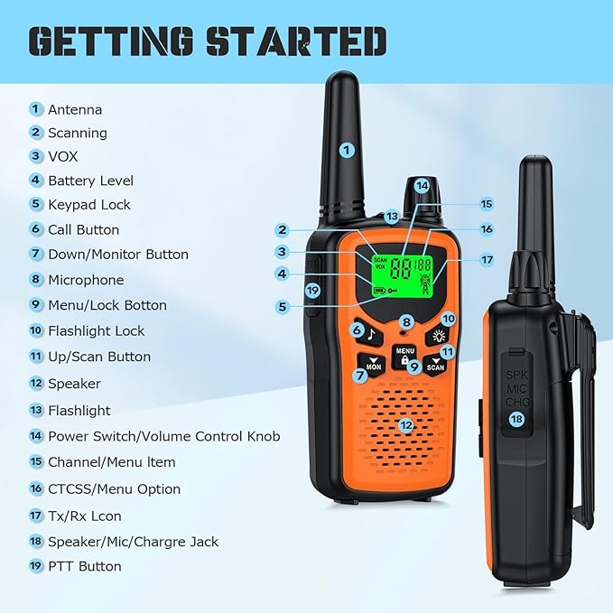 Walkie Talkie Long Range Walkie talkies with Rechargegable for Adults, 22 Channel FRS 2-Way Radios Walky Talky with LED Flashlight for Climbing, Camping Trip and Family Emergency Kit(2 Pack Orange).