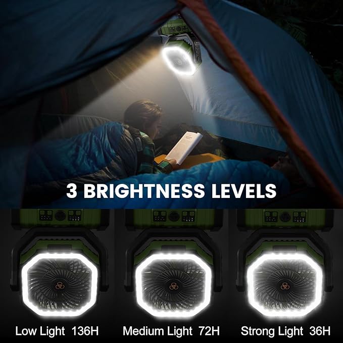 Odoland 30000mAh Camping Fan with LED Lantern, Rechargeable Battery Operated Oscillating with Remote Hook Stroage Bag, Portable Tent Fan with Timer, 4 Speeds for Outdoor RV Jobsite Power Outage, Green
