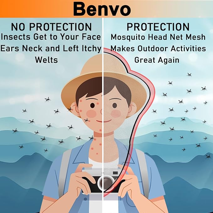 Benvo Mosquito Head Net, Face Neck Fly Netting Hood from Bugs Gnats Noseeums Screen for Any Outdoor Lover - with Carry Bags Fits Most Sizes of Hats Caps (2pcs, White, Updated Big Mesh)