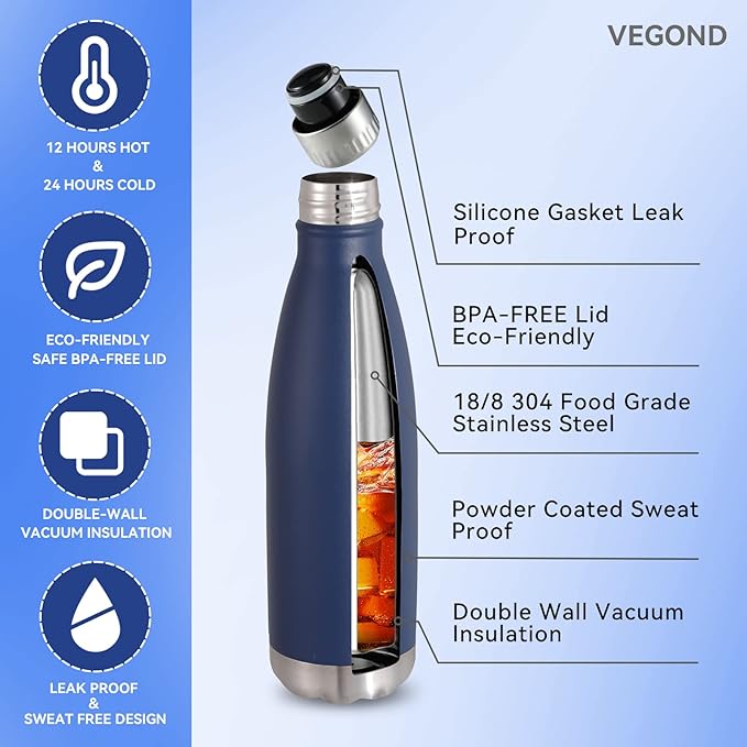 VEGOND 17oz Stainless Steel Water Bottles Bulk, Reusable Metal Sports Water Bottle Keeps Drink Hot and Cold, BPA Free Double Wall Vacuum Cola Shape Insulated Water Bottles for Camping Gym, 4 Pack