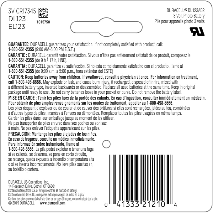Duracell CR123A 3V Lithium Battery, 2 Count Pack, 123 3 Volt High Power Lithium Battery, Long-Lasting for Home Safety and Security Devices, High-Intensity Flashlights, and Home Automation