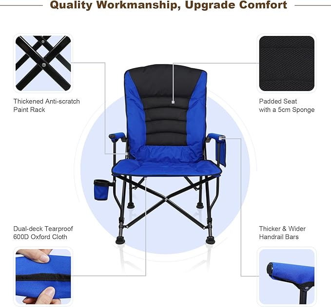 Outdoor Folding Camping Chair Heavy Duty Movable High Back Collapsible Padded Chair with Storage Bag for Outside Camping Activities, Blue