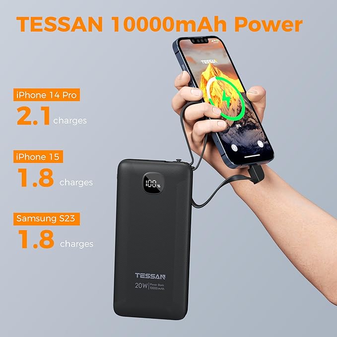 TESSAN Portable Charger with Built in Cables, 10000mAh Power Bank Fast Charging with Foldable AC Plug, 20W Compact Battery Pack Travel Essentials for iPhone 16/15 Series, Samsung, Tablets, Black