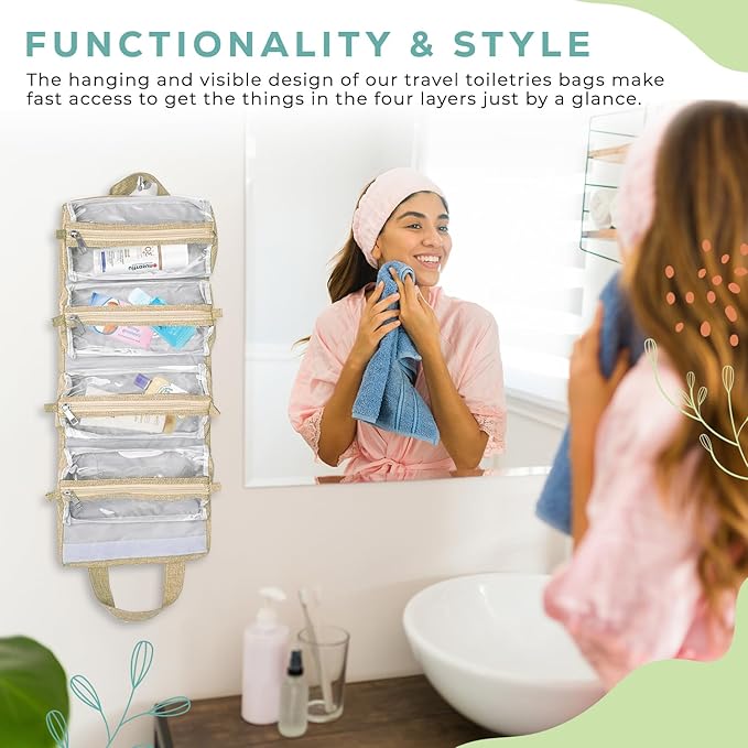 4-in-1 Hanging Toiletry bag - Roll-Up Makeup Bag - 4 Detachable PVC Zip Pouches – 600D Oxford Fabric, Versatile Travel Toiletry Organizer Bag - Makeup, Cosmetics, First Aid, Medicine Personal Care,