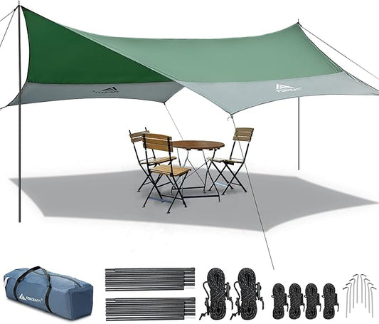 Forceatt 12x14FT Waterproof Camping Tarp with 2 Poles, Sun Shelter for Car, Tent, Hammock in Camping, Hiking, Backpacking, Garden and Traveling